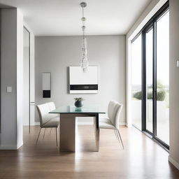 Perspective view image from inside a modern and minimalist dining room