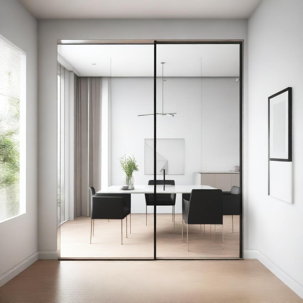 Perspective view image from inside a modern and minimalist dining room