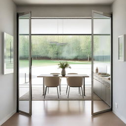 Perspective view image from inside a modern and minimalist dining room