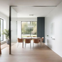 Perspective view image from inside a modern and minimalist dining room