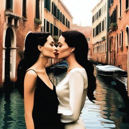 A romantic scene featuring Angelina Jolie and Monica Bellucci in Venice