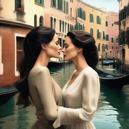 A romantic scene featuring Angelina Jolie and Monica Bellucci in Venice