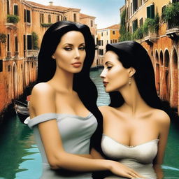 A romantic scene featuring Angelina Jolie and Monica Bellucci in Venice