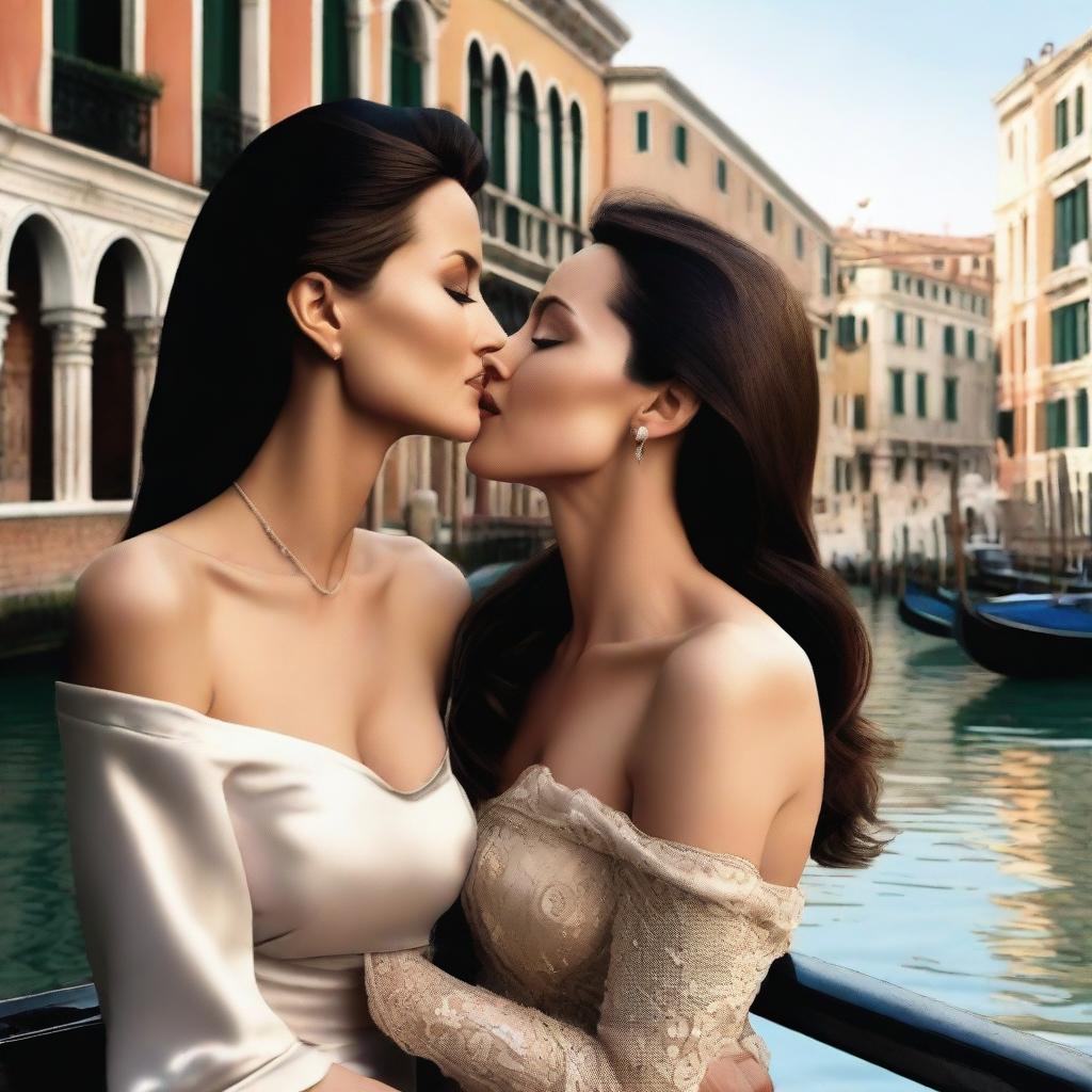 A highly realistic image of Angelina Jolie and Monica Bellucci in Venice, deeply in love