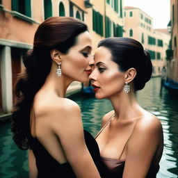 A highly realistic image of Angelina Jolie and Monica Bellucci in Venice, deeply in love