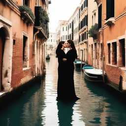 A highly realistic image of Angelina Jolie and Monica Bellucci in Venice, deeply in love