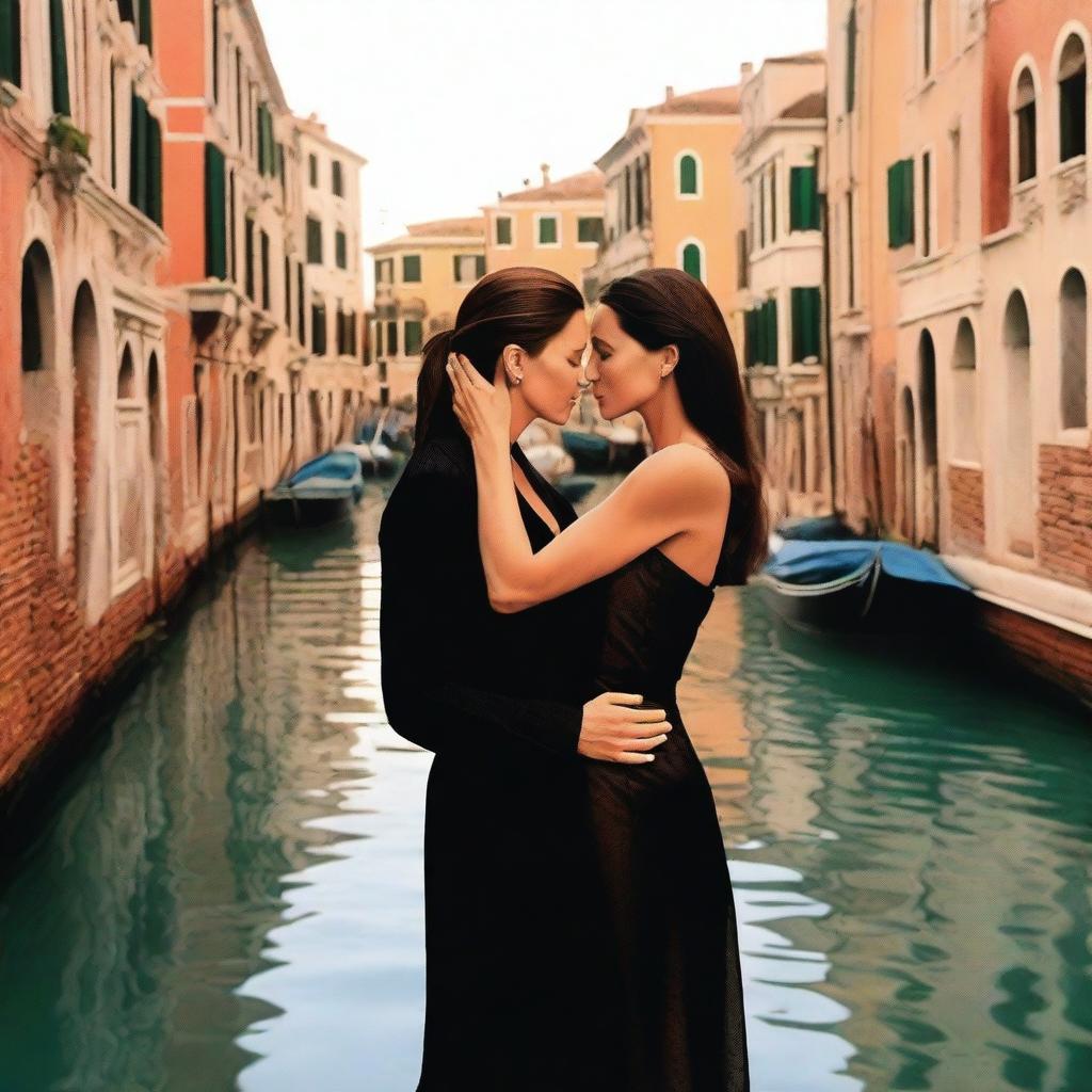 A highly realistic image of Angelina Jolie and Monica Bellucci in Venice, deeply in love