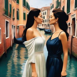 A realistic depiction of two beautiful women, Angelina Jolie and Monica Bellucci, being in love in Venice