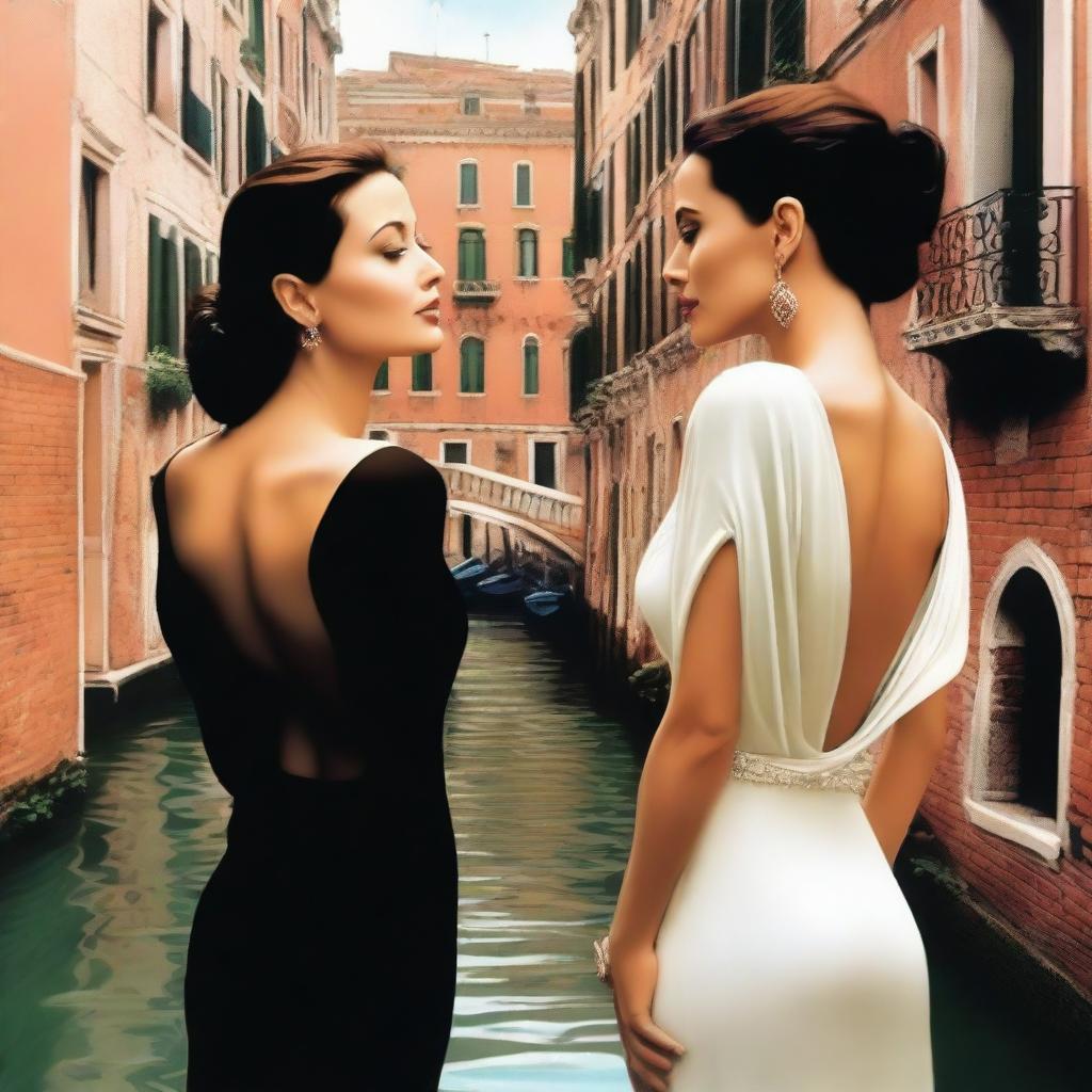 A realistic depiction of two beautiful women, Angelina Jolie and Monica Bellucci, being in love in Venice