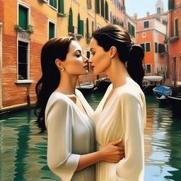 A realistic depiction of two beautiful women, Angelina Jolie and Monica Bellucci, being in love in Venice