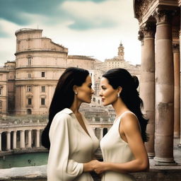 A highly realistic image of Angelina Jolie and Monica Bellucci in Rome, deeply in love