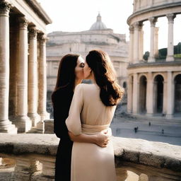 A highly realistic image of Angelina Jolie and Monica Bellucci in Rome, deeply in love