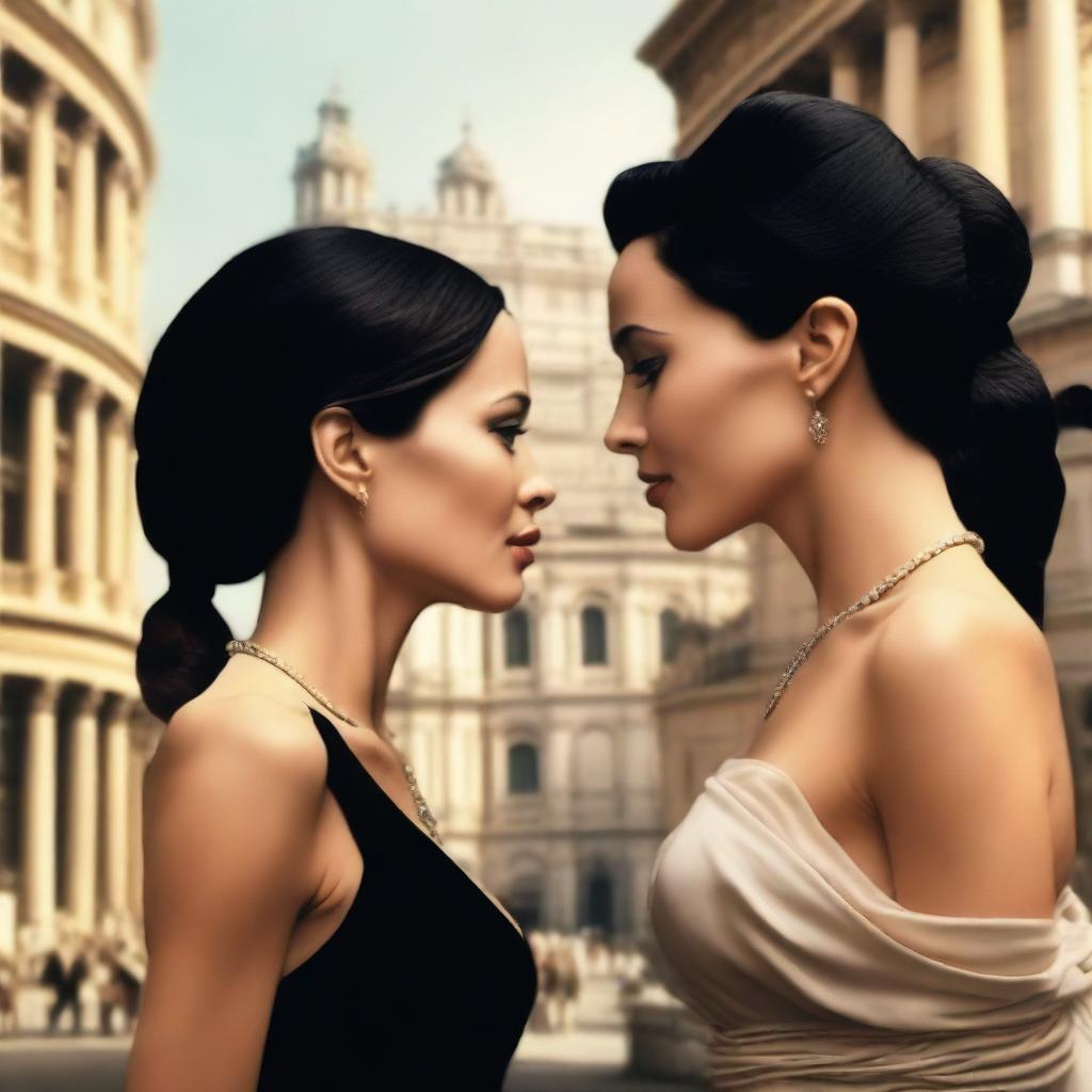 A highly realistic image of Angelina Jolie and Monica Bellucci in Rome, deeply in love