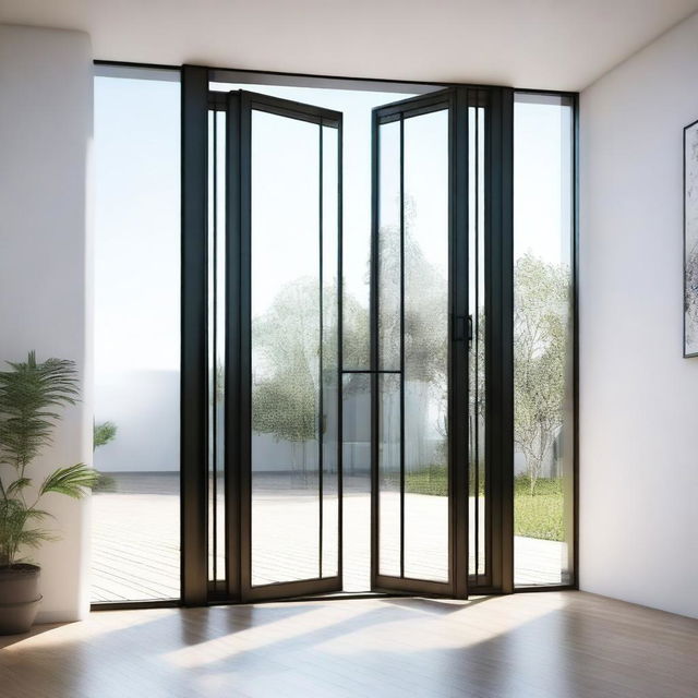 A detailed image of a glass door with a modern design