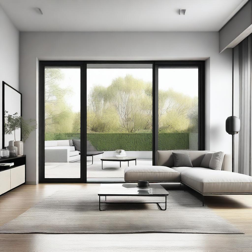 A modern living room featuring a sleek glass door