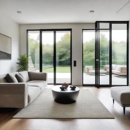 A modern living room featuring a sleek glass door