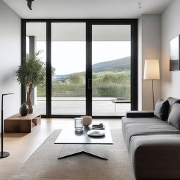 A modern living room featuring a sleek glass door