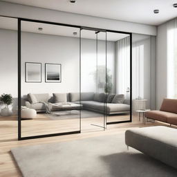 A realistic image of a modern, minimalist Nordic-style living room