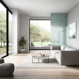 A realistic image of a modern, minimalist Nordic-style living room