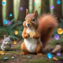 A sociable squirrel in a vibrant forest, holding a shimmering magic coin in its tiny paws, surrounded by its delightful animal friends.