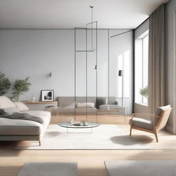 A realistic image of a modern, minimalist Nordic-style living room