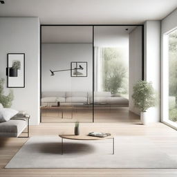 A realistic image of a modern, minimalist Nordic-style living room