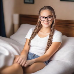 A cute young model who is 18 years old, lying on a bed