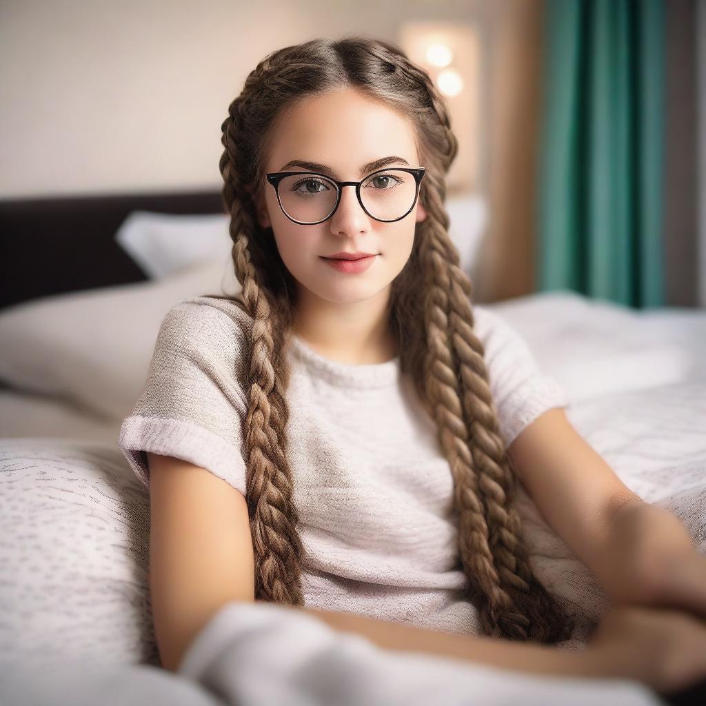 A cute young model who is 18 years old, lying on a bed