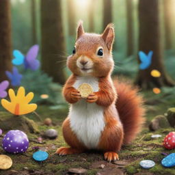 A sociable squirrel in a vibrant forest, holding a shimmering magic coin in its tiny paws, surrounded by its delightful animal friends.