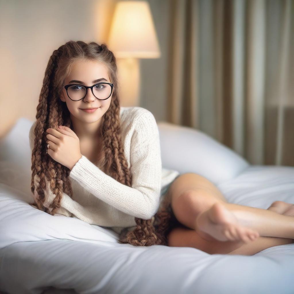 A cute young model who is 18 years old, lying on a bed, focusing on her athletic legs