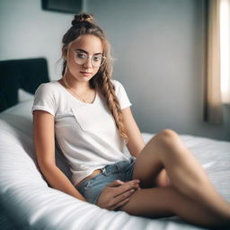 A cute young model who is 18 years old, lying on a bed, focusing on her athletic legs