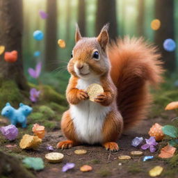 A sociable squirrel in a vibrant forest, holding a shimmering magic coin in its tiny paws, surrounded by its delightful animal friends.