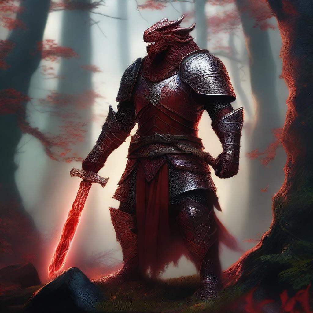 A powerful Red Dragonborn Paladin clad in gleaming armor, holding a radiant sword and shield, standing valiantly in a mystical, ancient forest