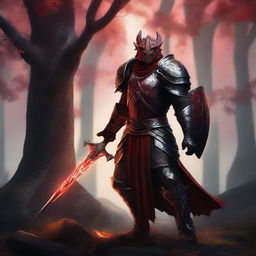 A powerful Red Dragonborn Paladin clad in gleaming armor, holding a radiant sword and shield, standing valiantly in a mystical, ancient forest