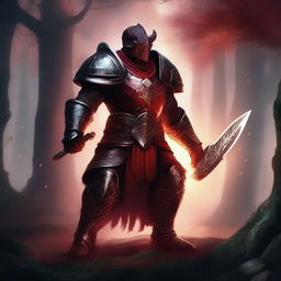 A powerful Red Dragonborn Paladin clad in gleaming armor, holding a radiant sword and shield, standing valiantly in a mystical, ancient forest