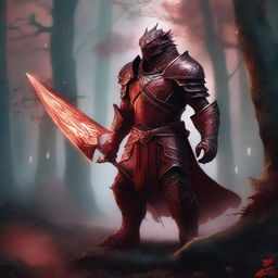 A powerful Red Dragonborn Paladin clad in gleaming armor, holding a radiant sword and shield, standing valiantly in a mystical, ancient forest