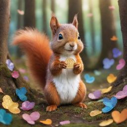 A sociable squirrel in a vibrant forest, holding a shimmering magic coin in its tiny paws, surrounded by its delightful animal friends.