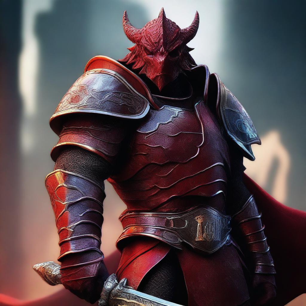 A close-up portrait of a Red Dragonborn warrior wearing heavy armor, gripping a massive greatsword