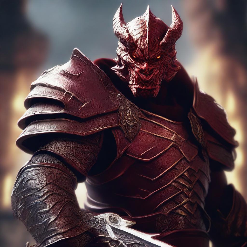 A close-up portrait of a Red Dragonborn warrior wearing heavy armor, gripping a massive greatsword