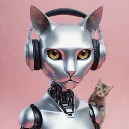 A metallic robot leisurely wearing sleek headphones with several playful cats around it