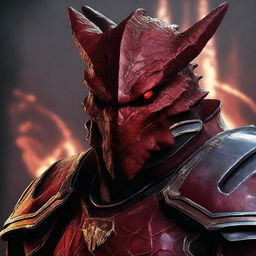 A head shot of a Red Dragonborn warrior wearing heavy armor