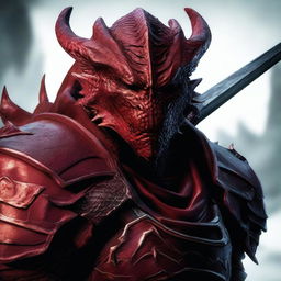 A head shot of a Red Dragonborn warrior wearing heavy armor