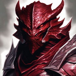 A head shot of a Red Dragonborn warrior wearing heavy armor