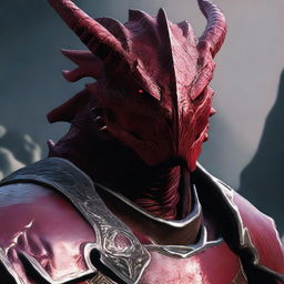 A head shot of a Red Dragonborn warrior wearing heavy armor