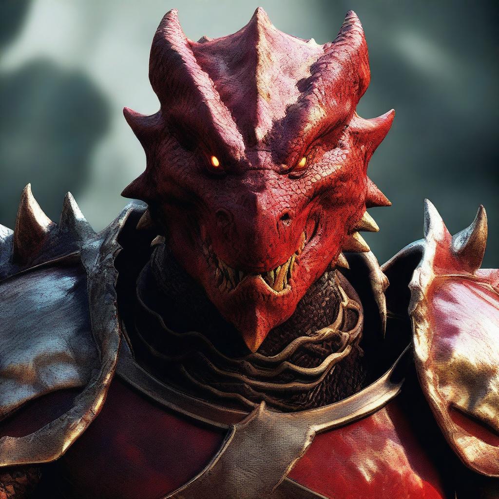 A head shot of a Red Dragonborn warrior wearing heavy armor, with their mouth open in a fierce roar