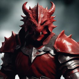 A head shot of a Red Dragonborn warrior wearing heavy armor, with their mouth open in a fierce roar