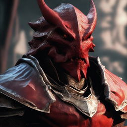 A head shot of a Red Dragonborn warrior wearing heavy armor, with their mouth open in a fierce roar