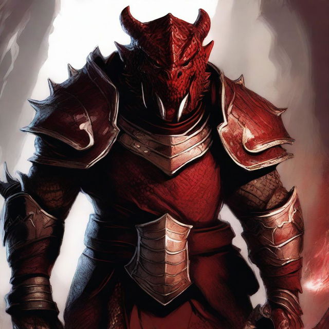 A head shot of a Red Dragonborn warrior wearing heavy armor, with their mouth open in a fierce roar