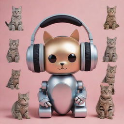 A metallic robot leisurely wearing sleek headphones with several playful cats around it