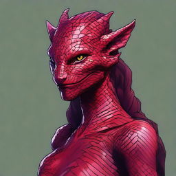 Generate a portrait of a D&D character who is a woman, half human and half lizard, with striking red skin covered in scales with a slightly black shine